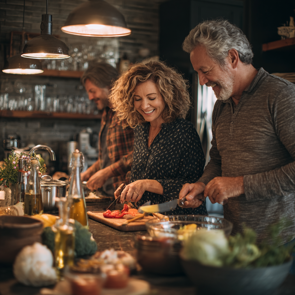Middle-aged adults preparing healthy meals together in modern kitchen