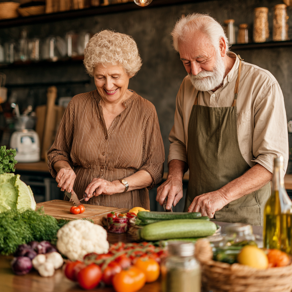 Older adults enjoying balanced meal preparation with fresh ingredients and natural lighting